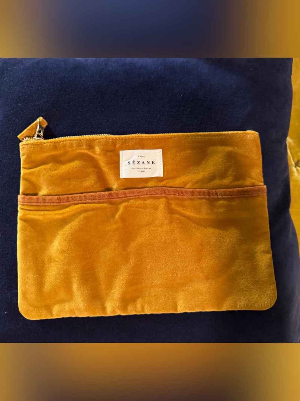 Sezane Mustard Velvet Zip Pouch